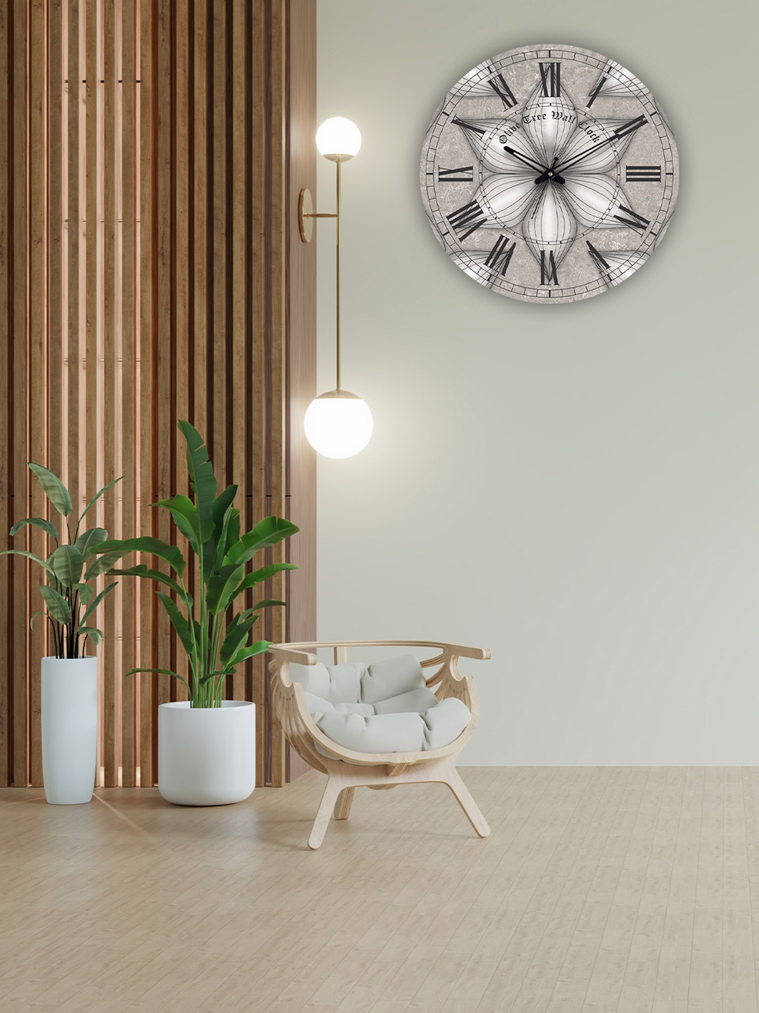 

OLIVE TREE Grey & Black Printed Wooden Round Shaped Contemporary Wall Clock