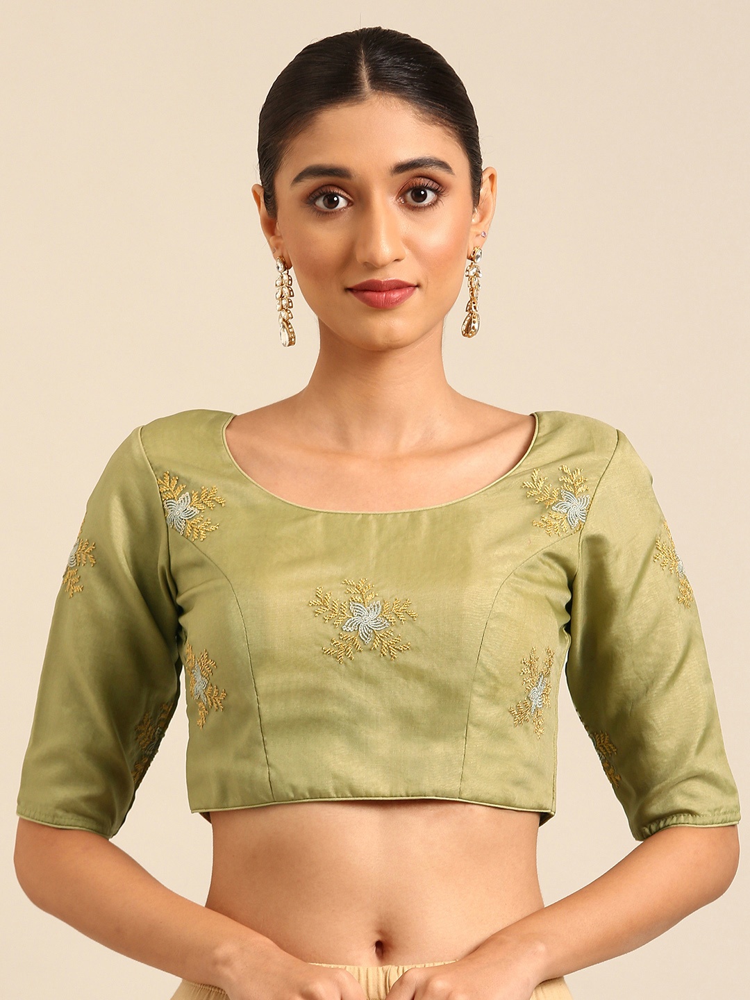 

Ethnovog Floral Embroidered Zari Organza Saree Blouse, Green