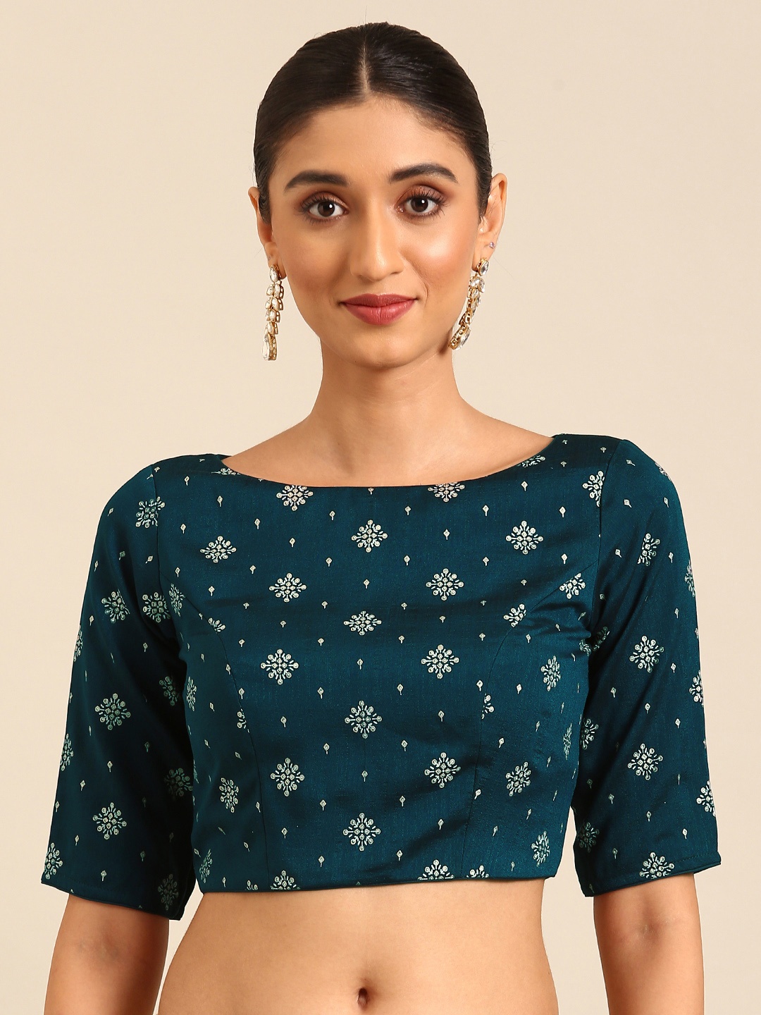 

Ethnovog Ethnic Motifs Foil Printed Boat Neck Saree Blouse, Navy blue