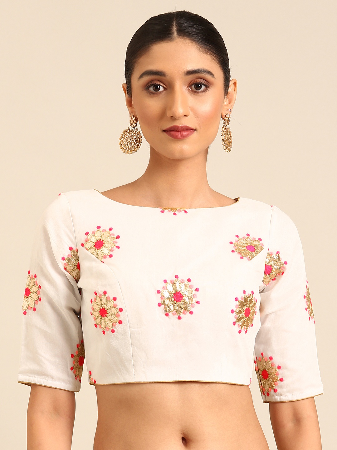 

Ethnovog Floral Embroidered Gotta Patti Boat Neck Saree Blouse, White