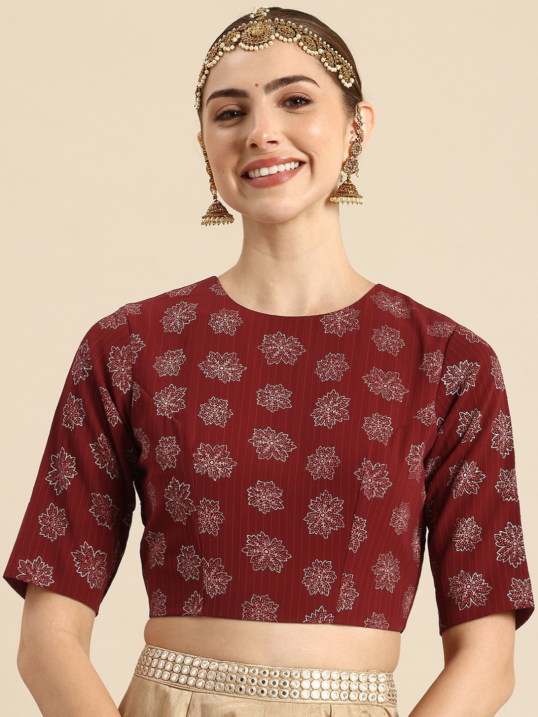 

Ethnovog Floral Foil Printed Georgette Saree Blouse, Maroon