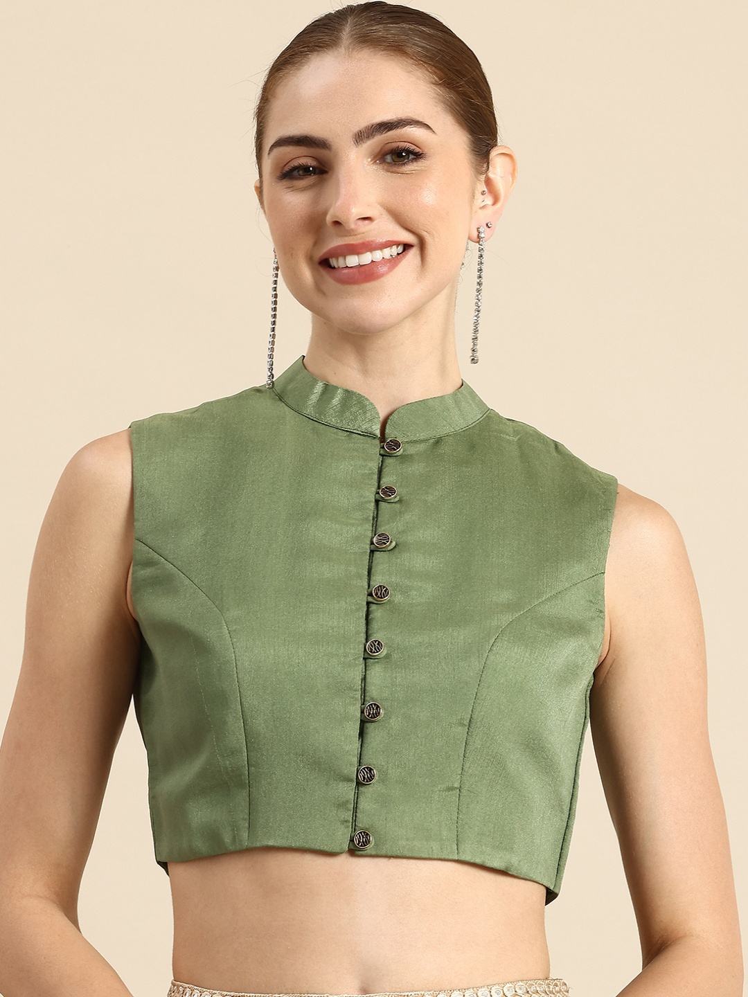 

Ethnovog Mandarin Collar Saree Blouse, Green