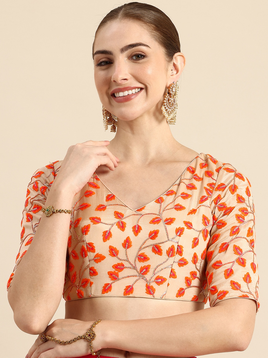 

Ethnovog Embroidered Sequinned Chiffon Saree Blouse, Peach