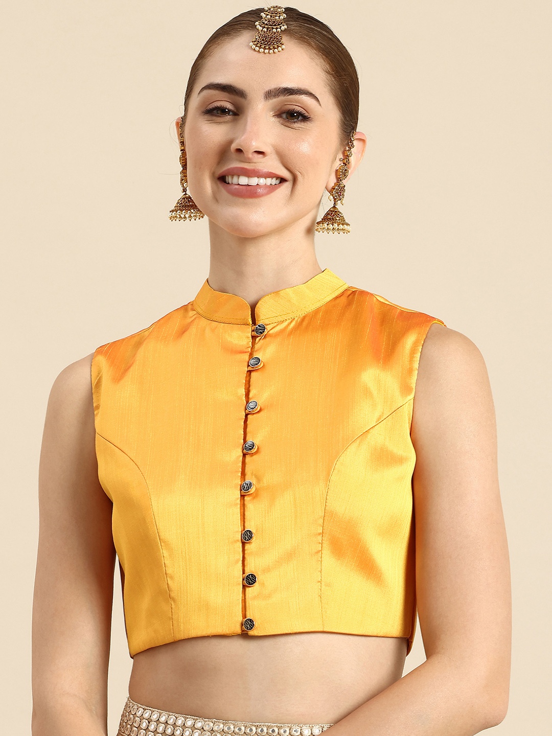 

Ethnovog Mandarin Collar Saree Blouse, Yellow