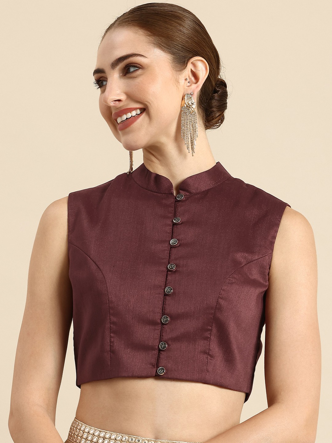 

Ethnovog Mandarin Collar Saree Blouse, Burgundy