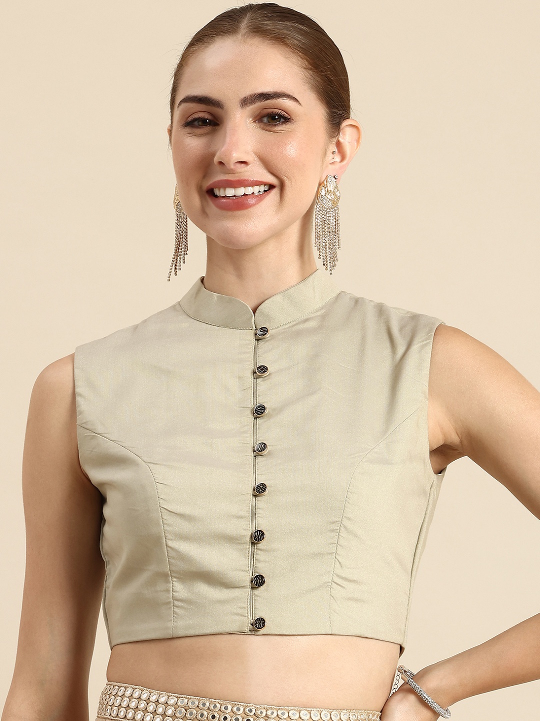 

Ethnovog Mandarin Collar Saree Blouse, Beige