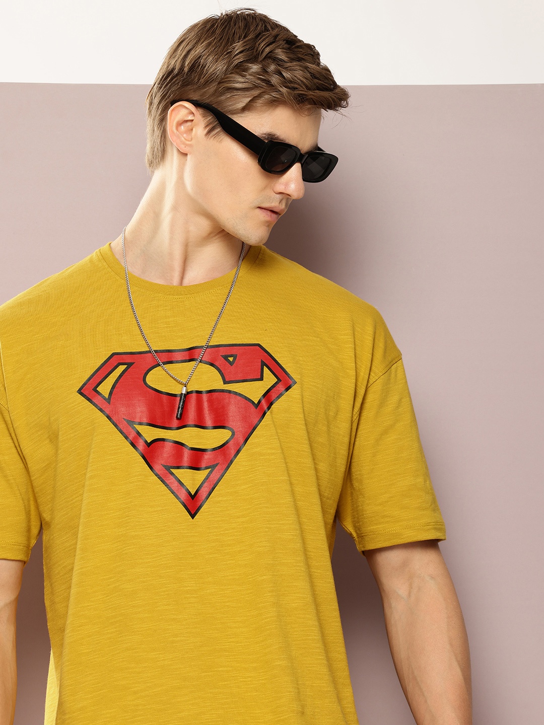 

Kook N Keech Men Superman Printed Drop-Shoulder Sleeves Oversized Pure Cotton T-shirt, Mustard