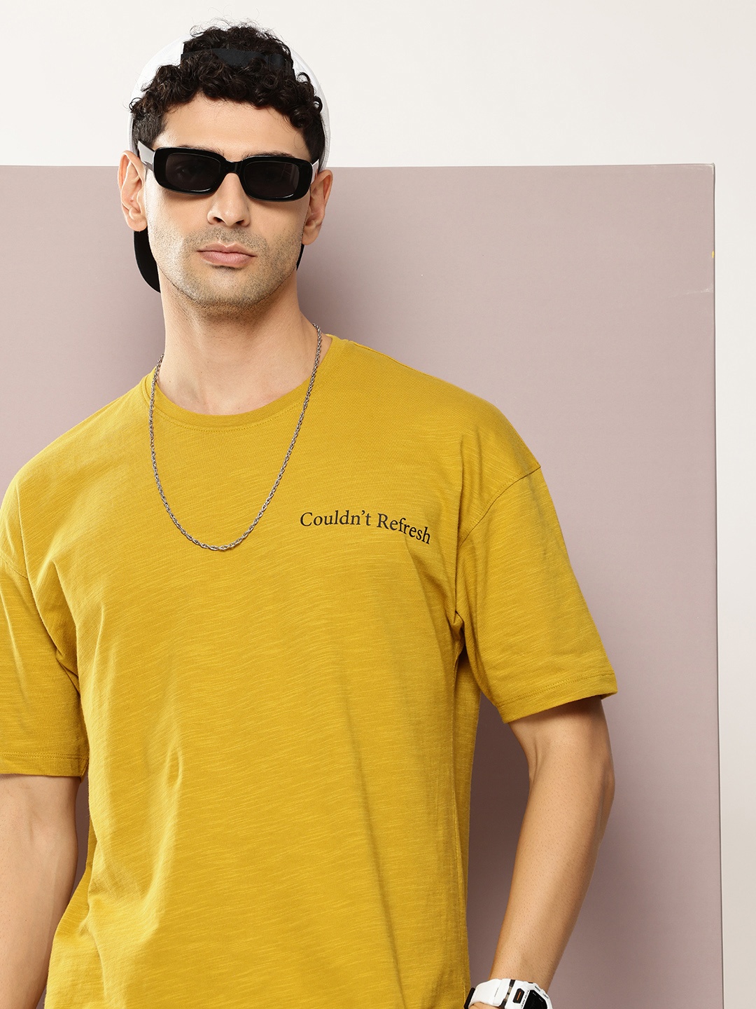 

Kook N Keech Men Drop-Shoulder Sleeves Oversized Pure Cotton T-shirt, Mustard