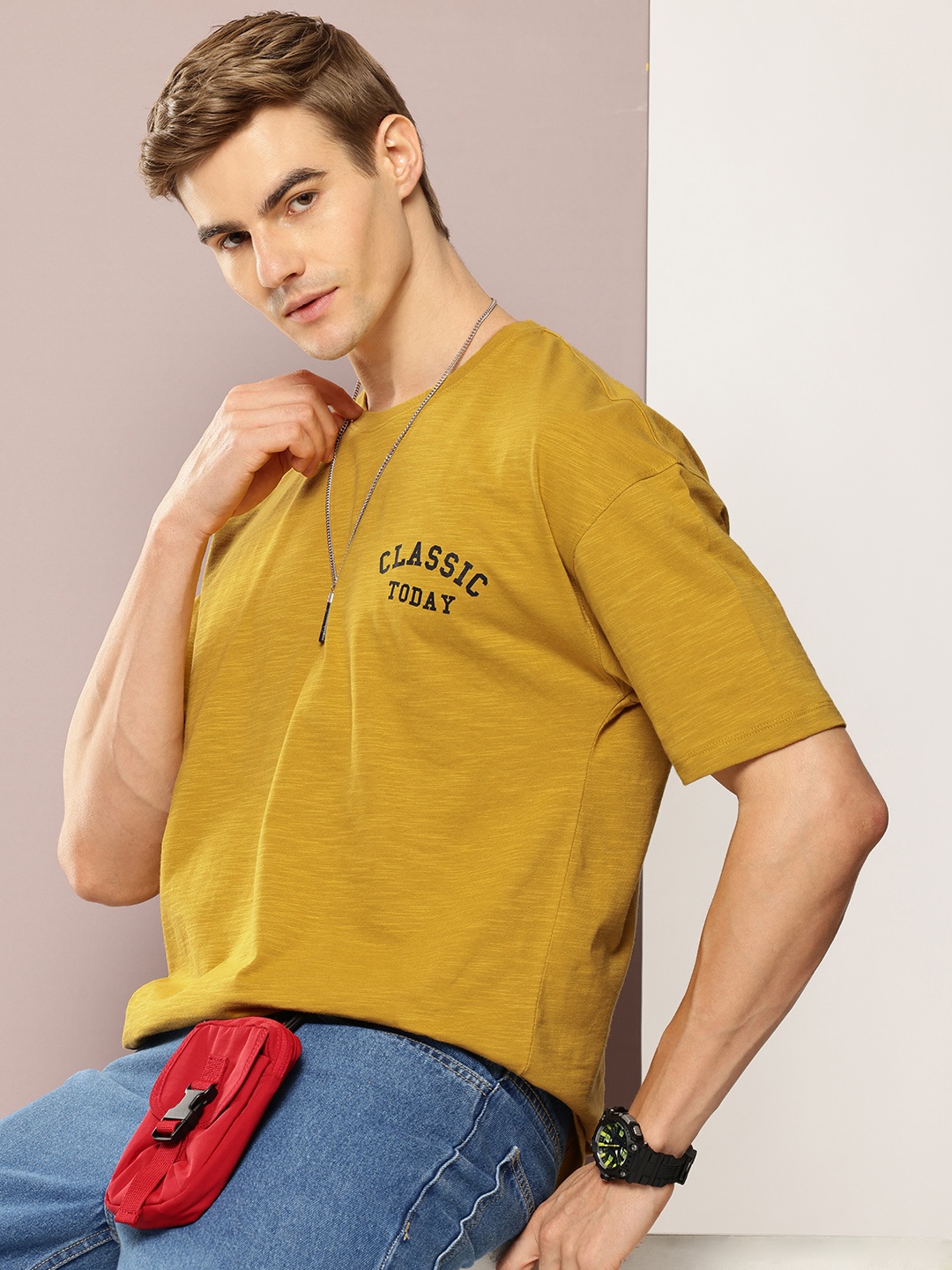 

Kook N Keech Men Drop-Shoulder Sleeves Oversized Pure Cotton T-shirt, Mustard