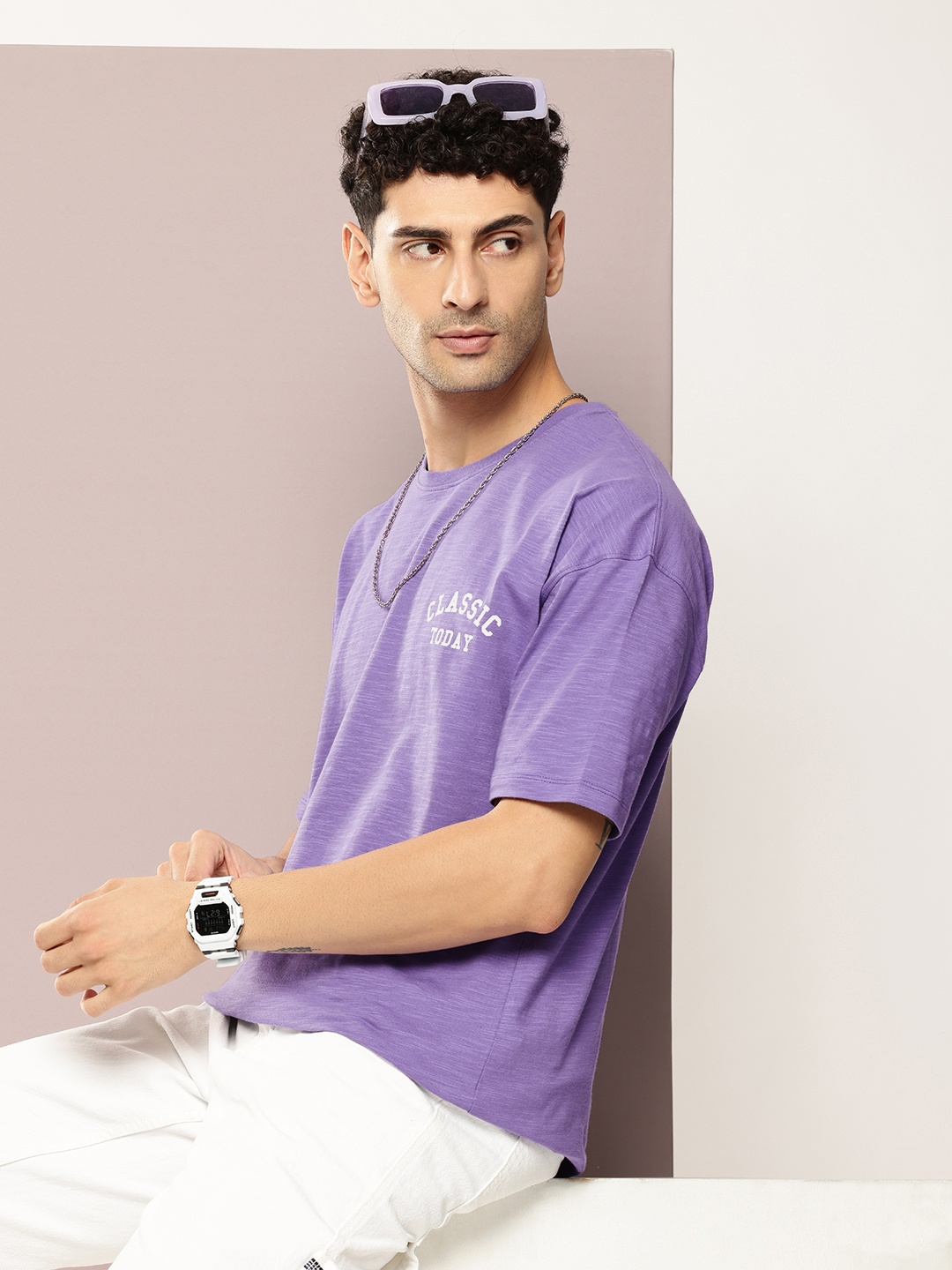 

Kook N Keech Men Drop-Shoulder Sleeves Oversized Pure Cotton T-shirt, Lavender