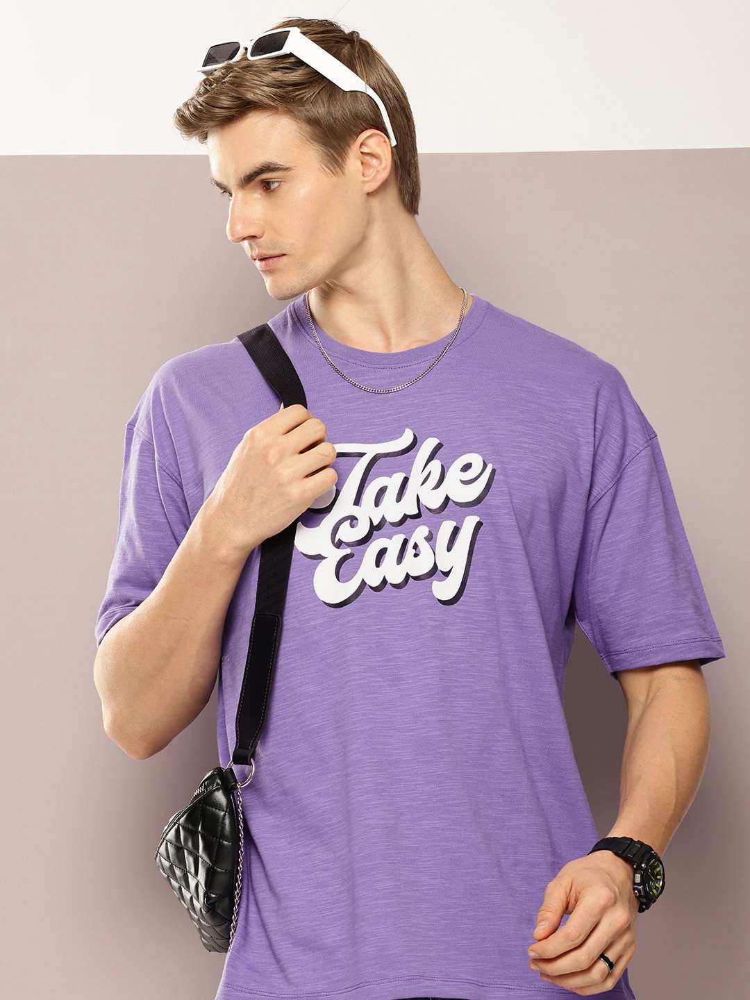 

Kook N Keech Men Typography Printed Drop-Shoulder Sleeves Oversized Pure Cotton T-shirt, Lavender