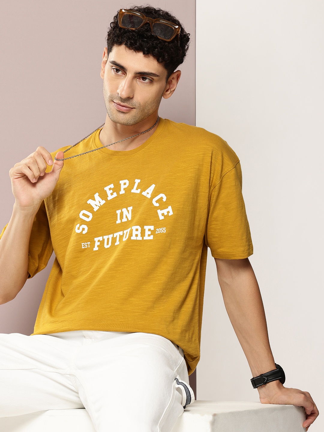 

Kook N Keech Men Typography Printed Drop-Shoulder Sleeves Oversized Pure Cotton T-shirt, Mustard