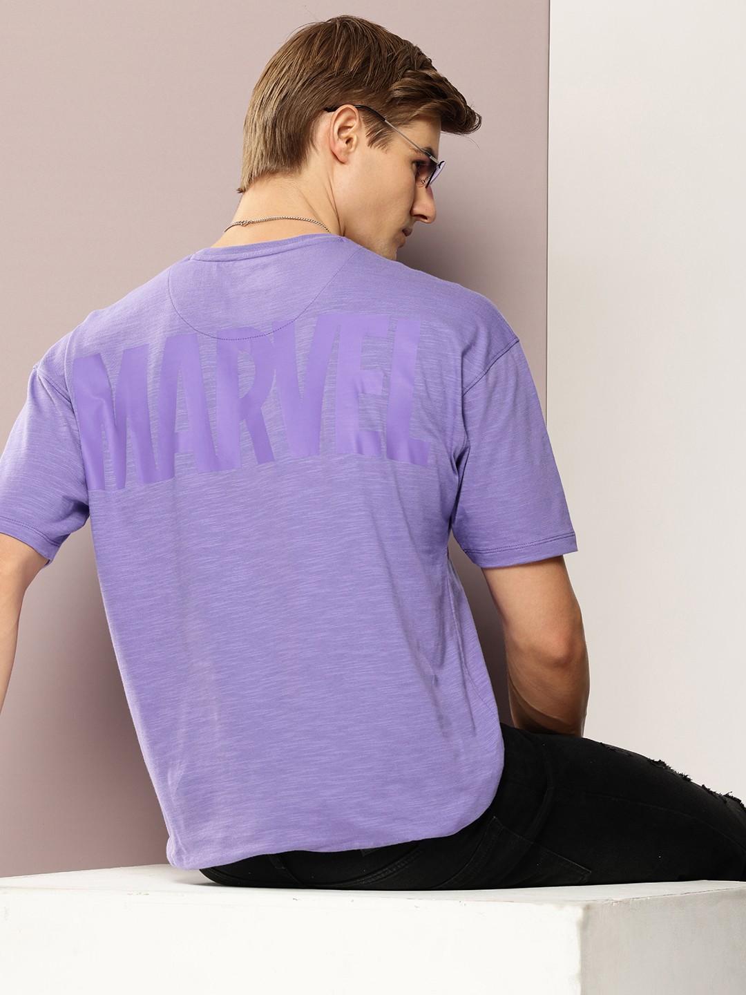 

Kook N Keech Men Marvel Printed Drop-Shoulder Sleeves Oversized Pure Cotton T-shirt, Lavender