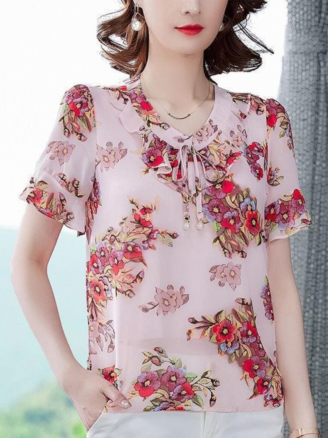 

StyleCast Floral Print Tie-Up Neck Bell Sleeve Regular Top, Peach