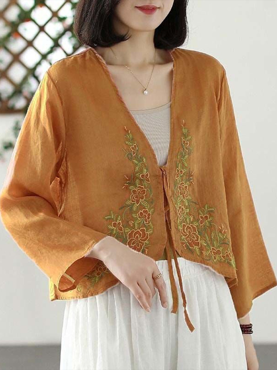 

StyleCast Orange Floral Embroidered Bell Sleeves Top