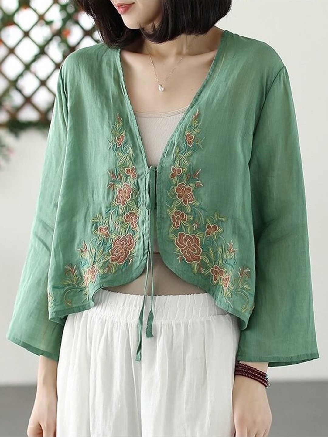 

StyleCast Floral Embroidered Tie-Up Neck Regular Top, Green