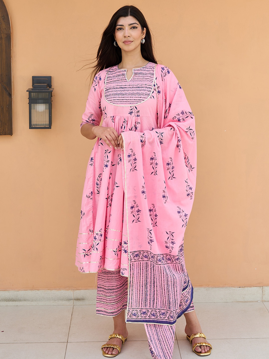 

Libas Pink Printed Keyhole Neck Cotton Pleated Anarkali Kurta With Trousers & Dupatta