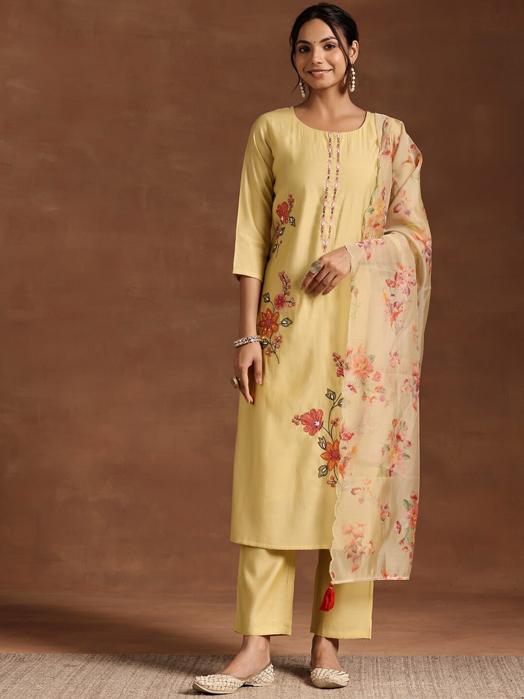 

Libas Yellow Floral Embroidered Beads and Stones Straight Kurta With Trousers & Dupatta