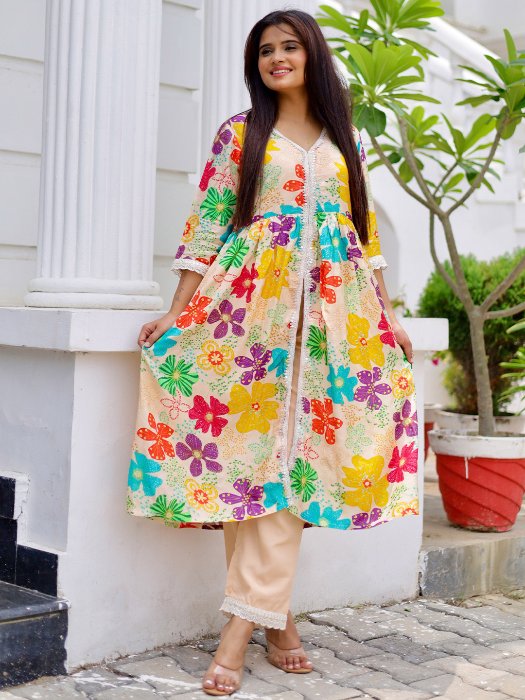 

Libas Floral Printed V-Neck Pleated Sequinned A-Line Kurta with Palazzos, Beige