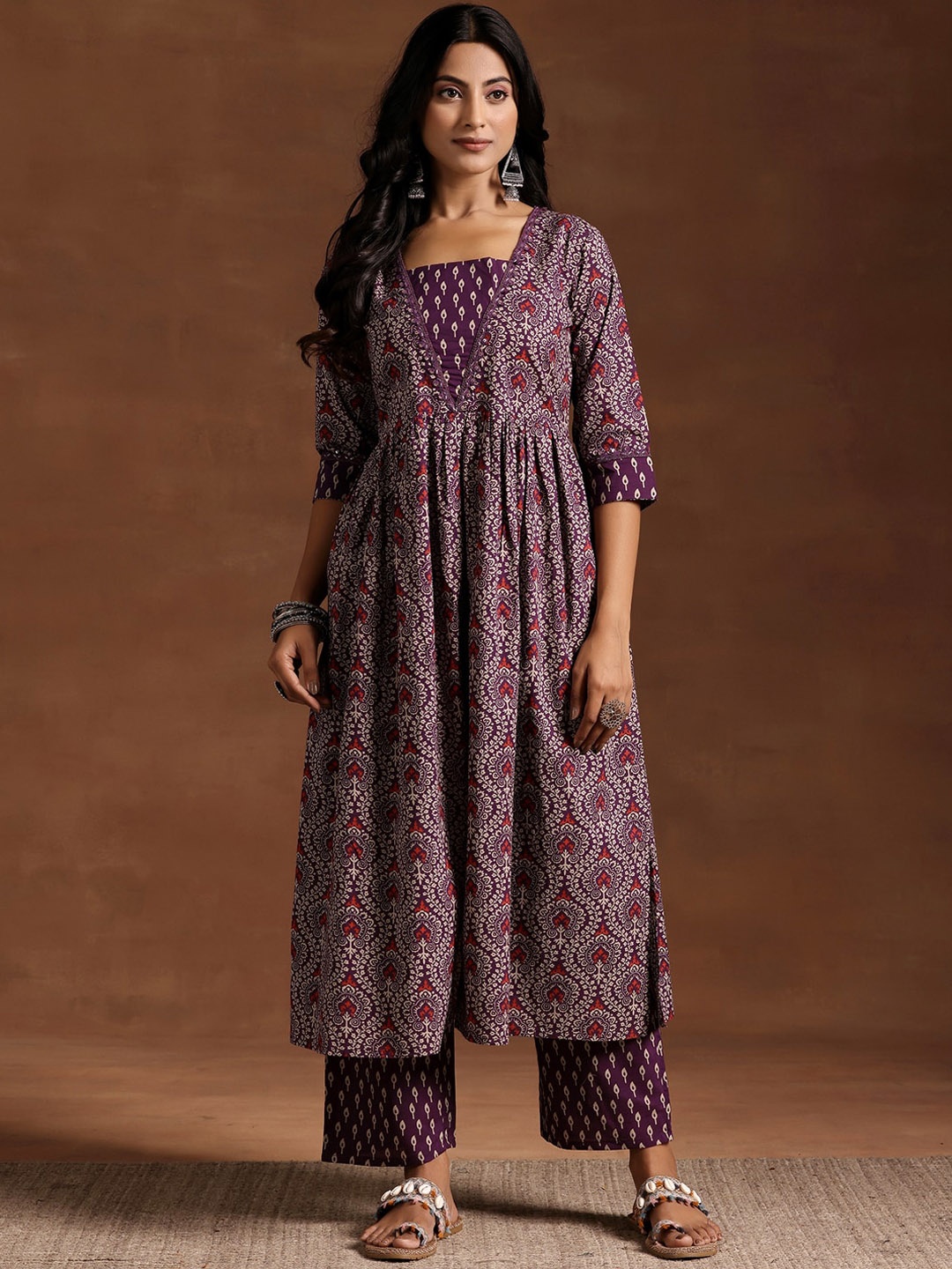 

Libas Purple Floral Printed Square Neck Pure Cotton Pleated A-Line Kurta With Palazzos