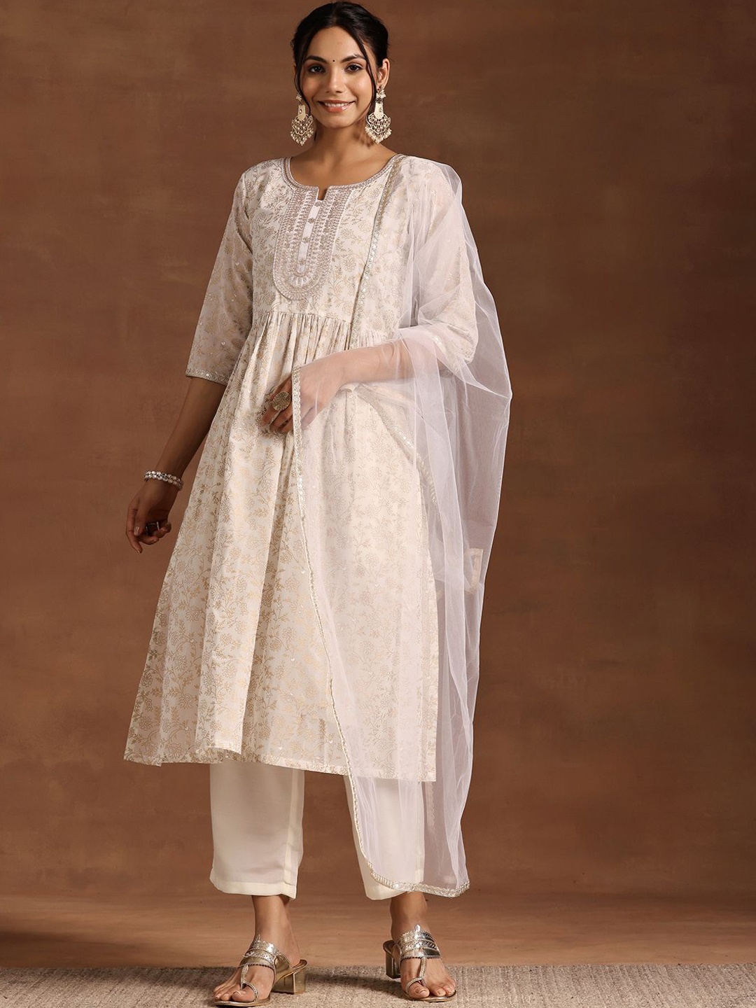 

Libas Floral Printed High Slit Sequinned Georgette A-Line Kurta with Trousers & Dupatta, Off white