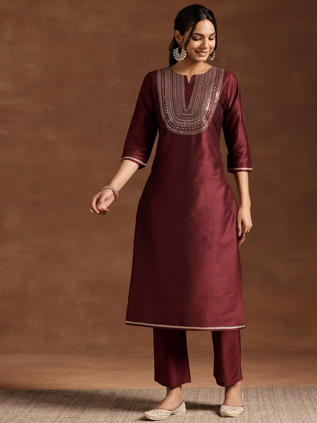

Libas Yoke Design Regular Sequinned Straight Kurta with Palazzos, Maroon