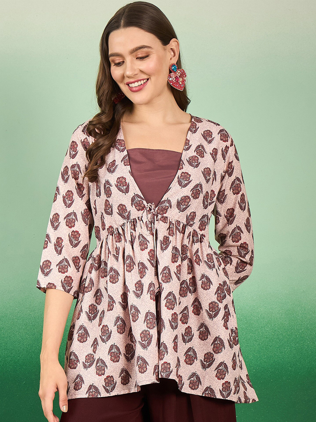 

Sangria Brown Floral Printed Gathered Cotton Empire Top