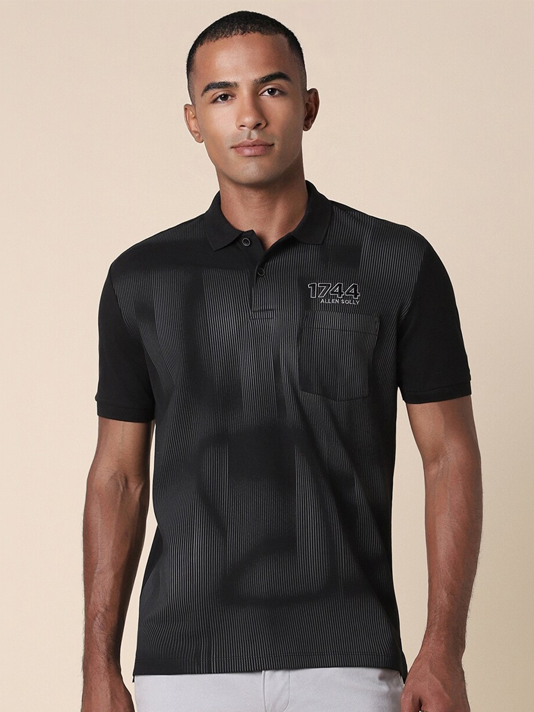 Allen Solly Typography Mandarin Collar Short Sleeves Cotton T-shirt, Black