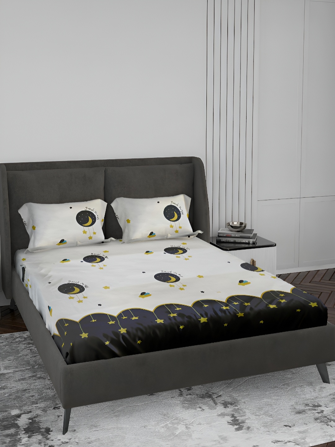 

LABHAM White & Navy Blue Graphic 180 TC Queen Bedsheet with 2 Pillow Covers