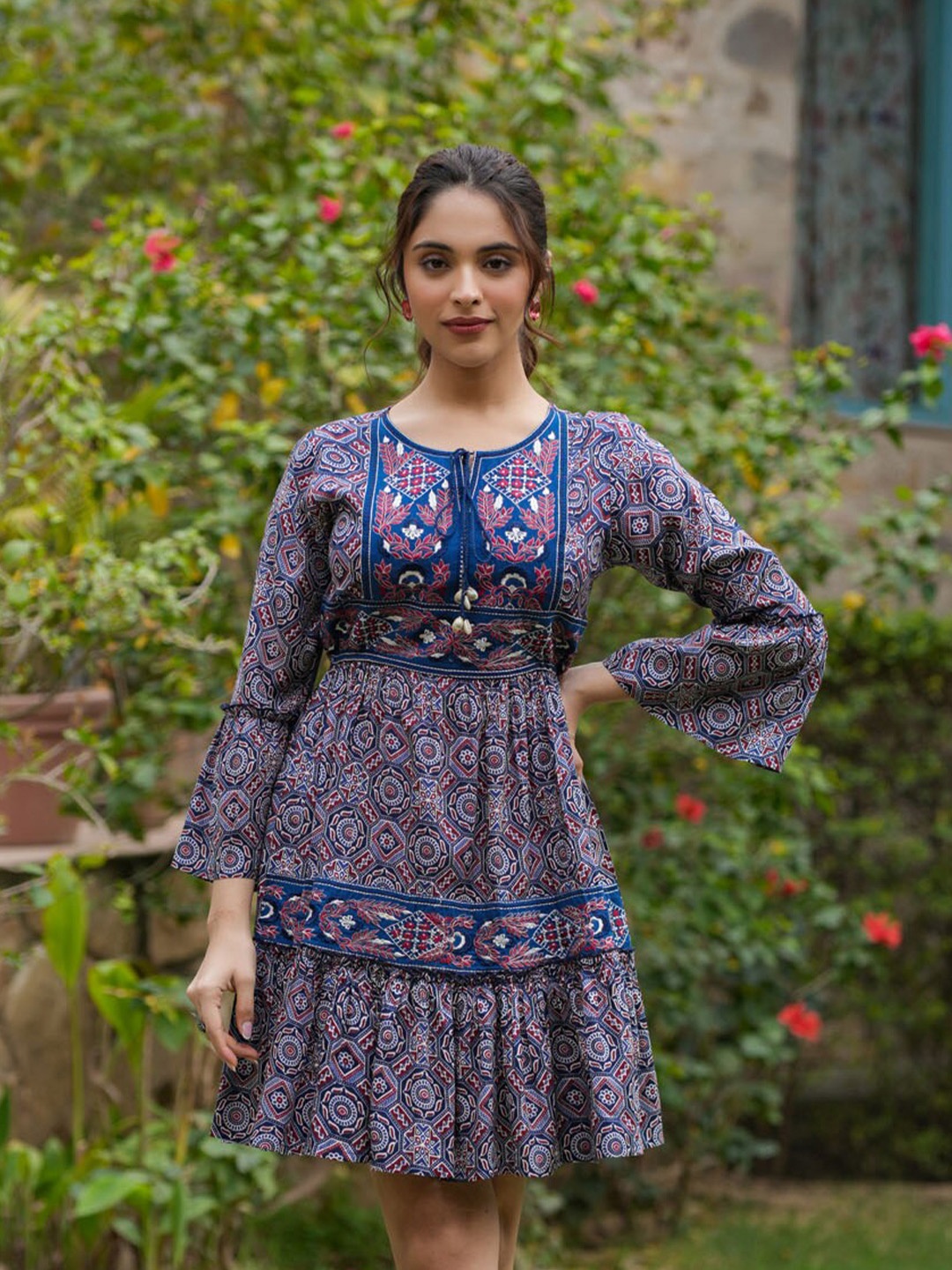 

FASHION DWAR Ethnic Motifs Printed Tie-Up Neck Flared Sleeves A-Line Dress, Blue
