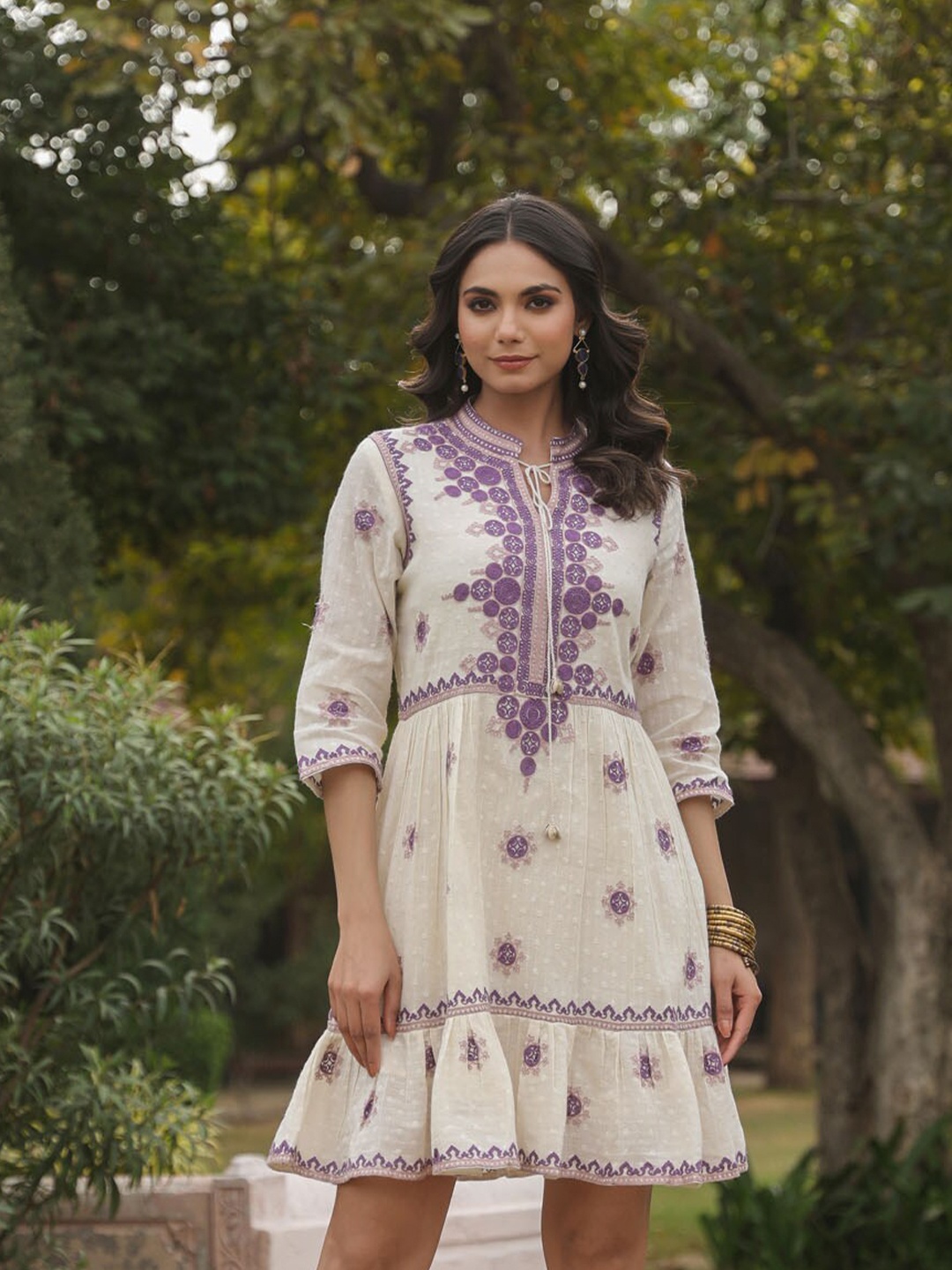 

FASHION DWAR Floral Printed Tie-Up Neck Cotton A-Line Dress, Purple