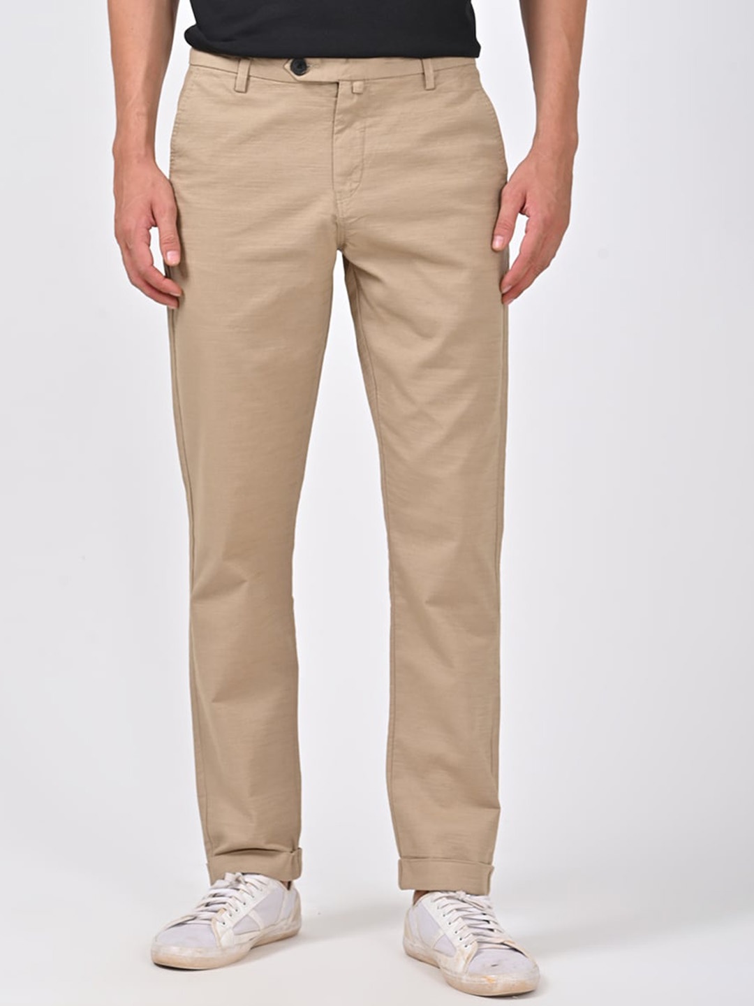 

POE Men Smart Slim Fit Mid Rise Cotton Regular Trousers, Khaki