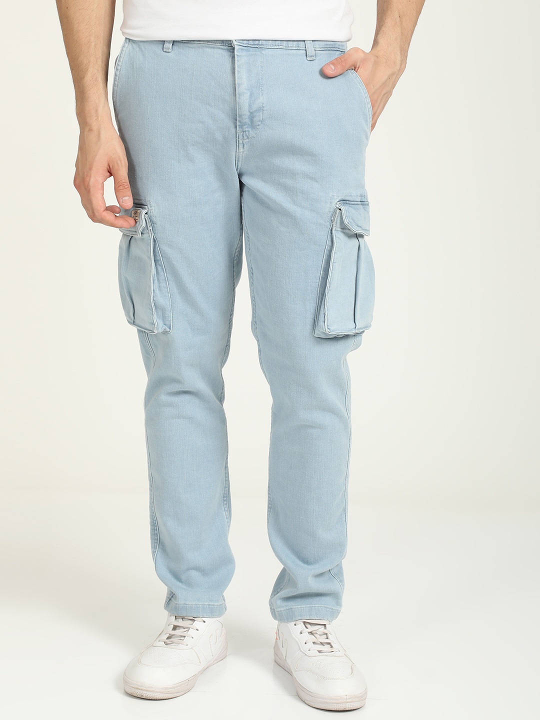 

POE Men Smart Slim Fit Mid Rise Denim Cargos, Blue