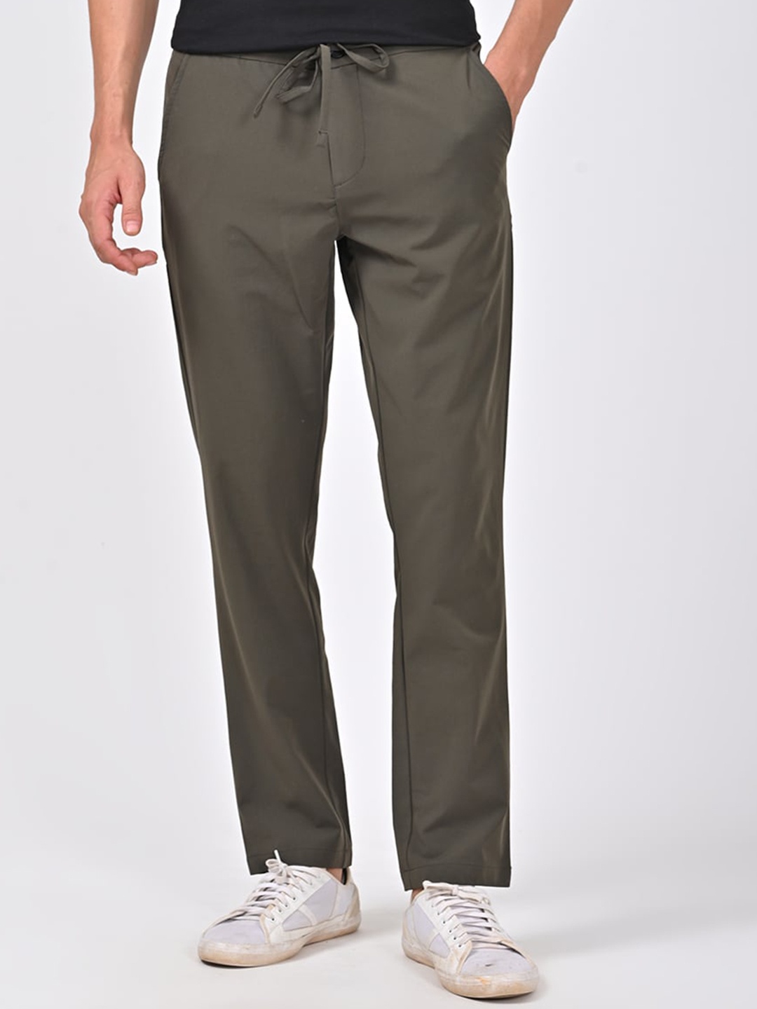 

POE Men Solid Mid-Rise Smart Slim Fit Cotton Casual Chinos Trousers, Olive