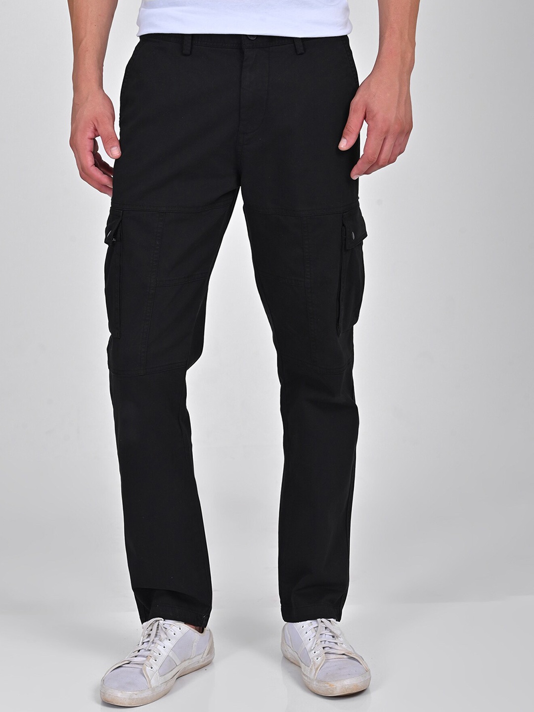 

POE Men Solid Mid-Rise Smart Slim Fit Cotton Casual Cargo Trousers, Black