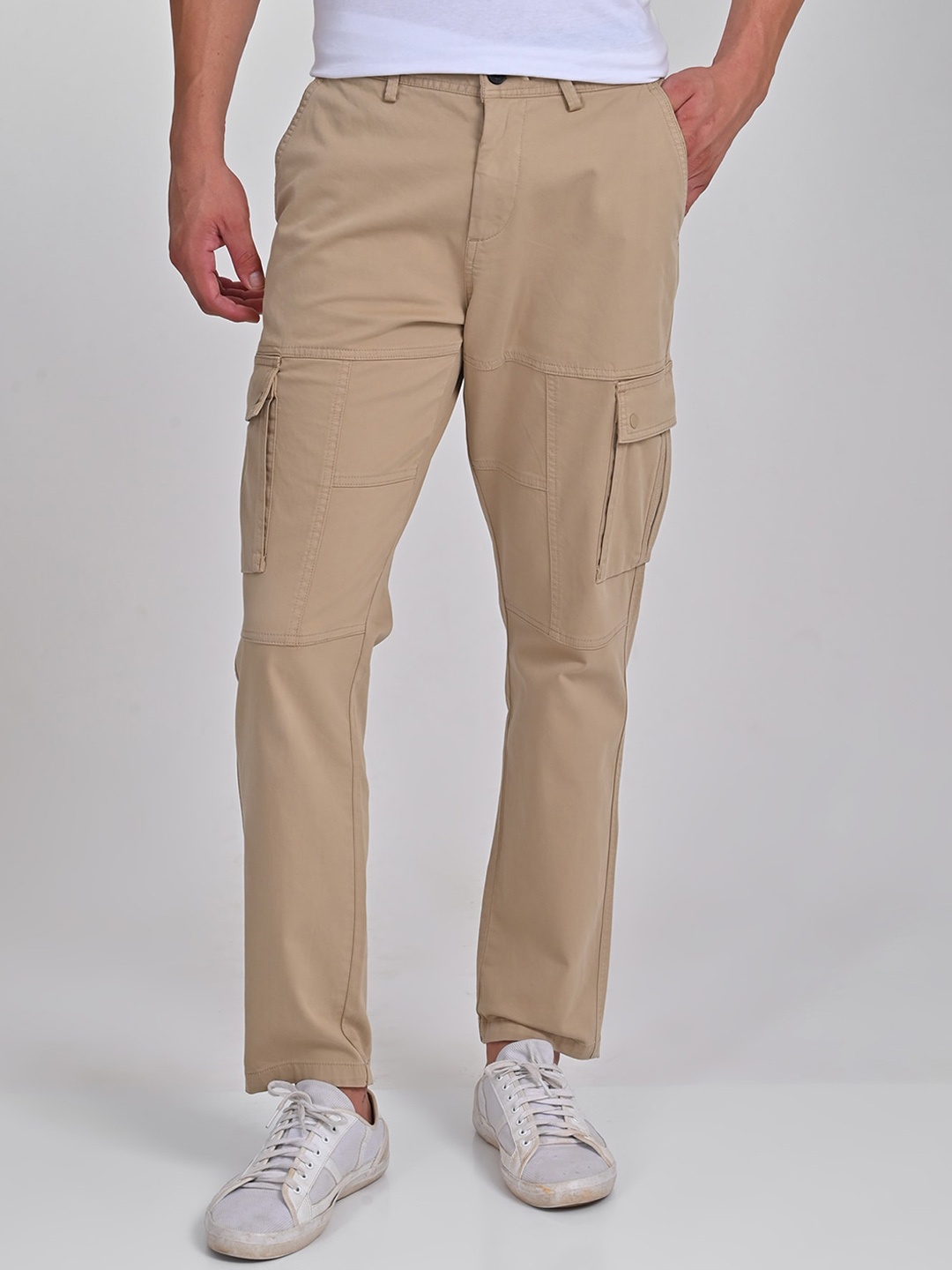 

POE Men Smart Slim Fit Mid Rise Cotton Cargos, Beige