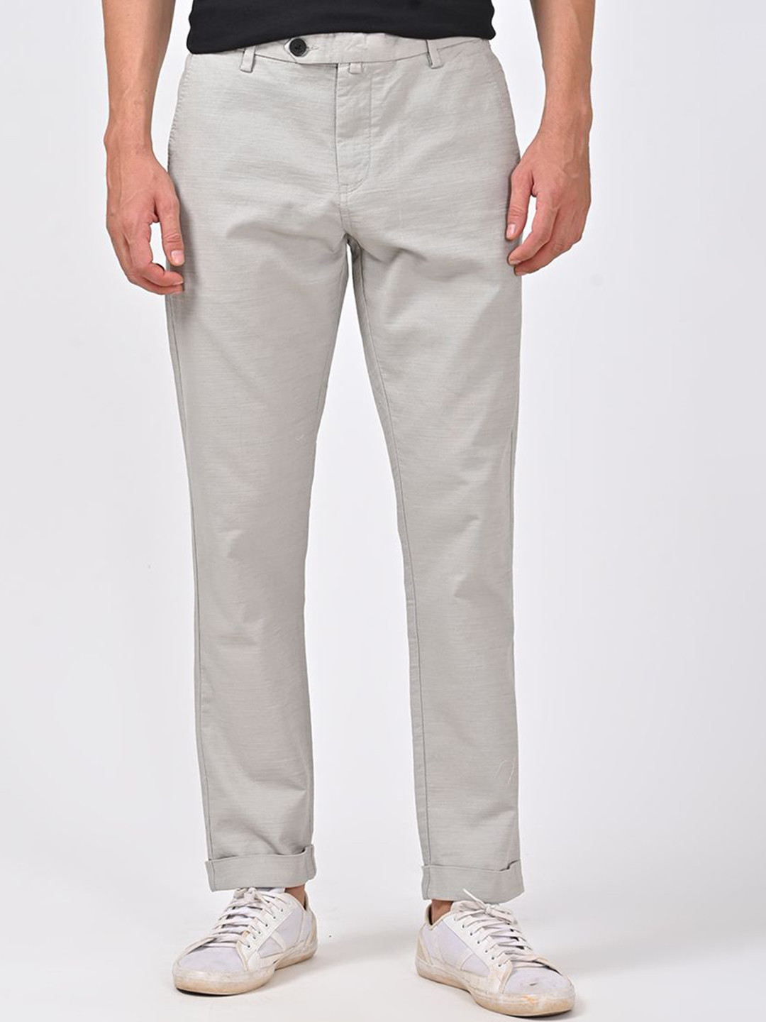 

POE Men Solid Mid-Rise Smart Slim Fit Cotton Casual Chinos Trousers, Grey