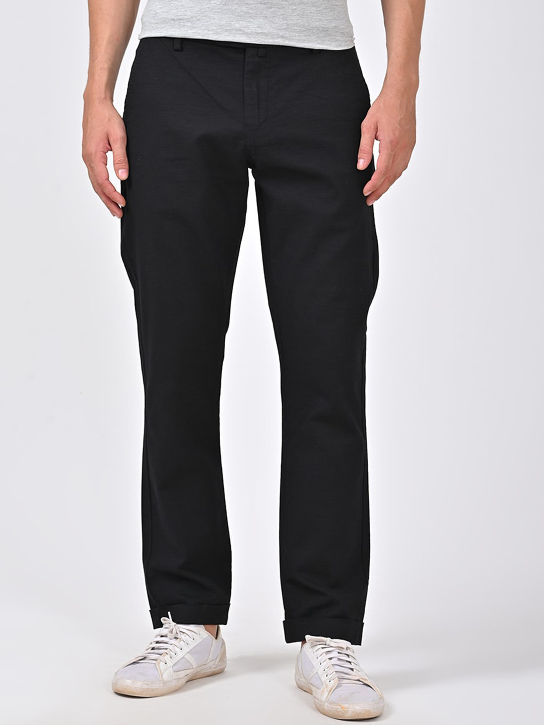 

POE Men Solid Mid-Rise Smart Slim Fit Cotton Casual Chinos Trousers, Black
