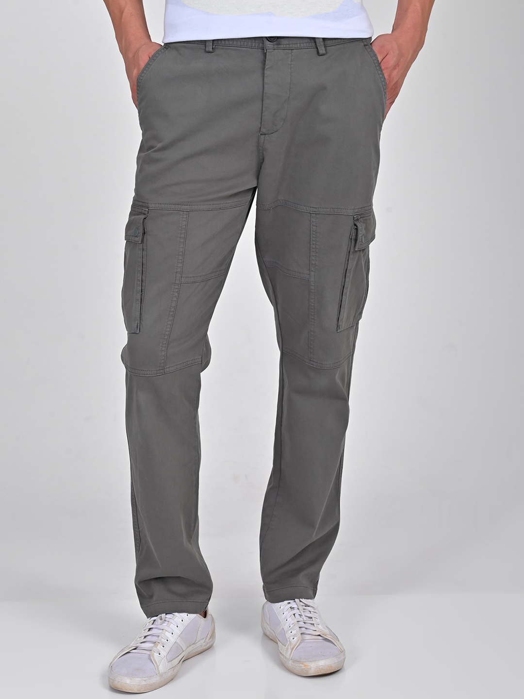 

POE Men Smart Slim Fit Cotton Cargos Trousers, Grey