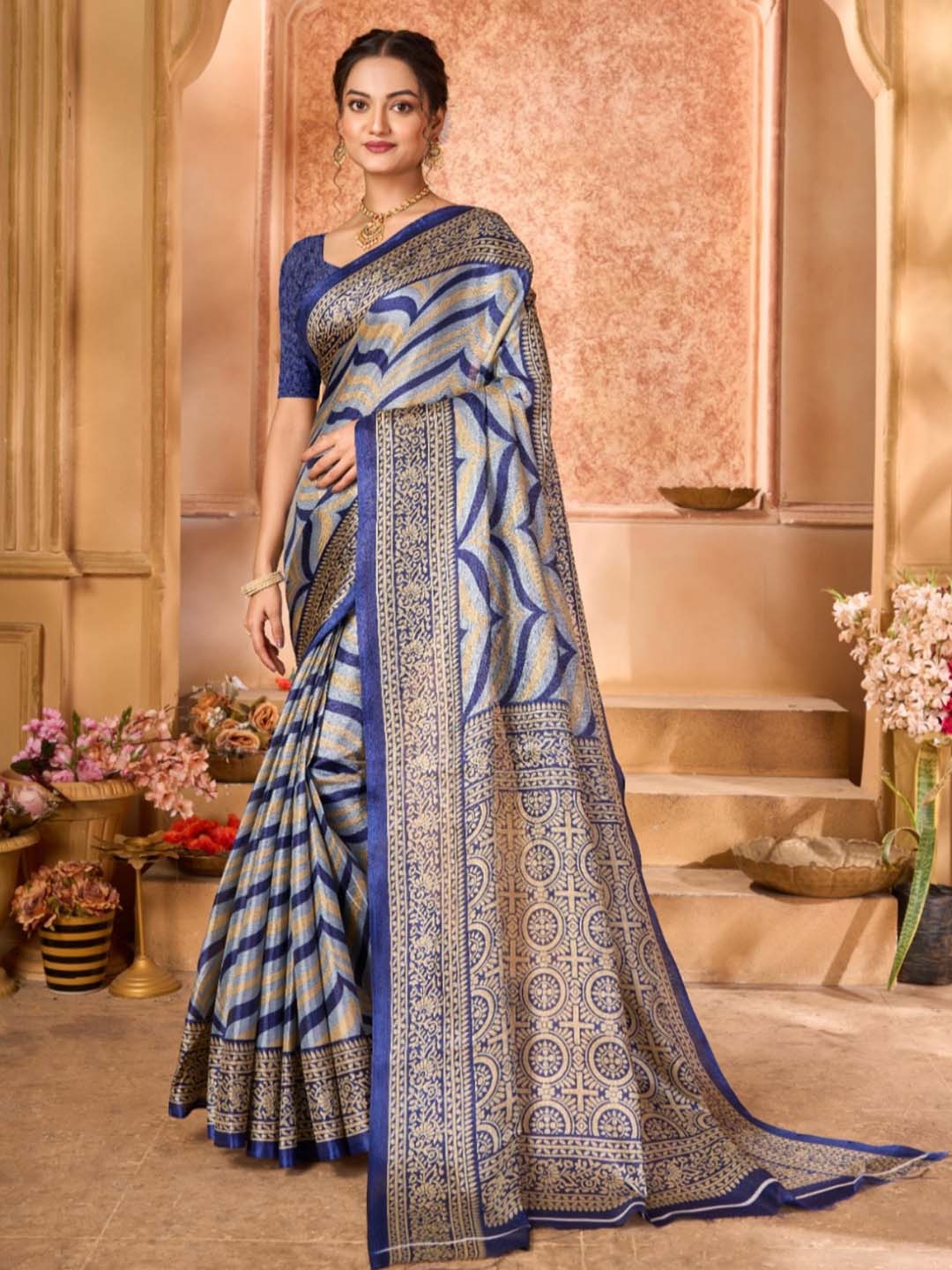 

KALINI Woven Design Silk Cotton Khadi Saree, Blue