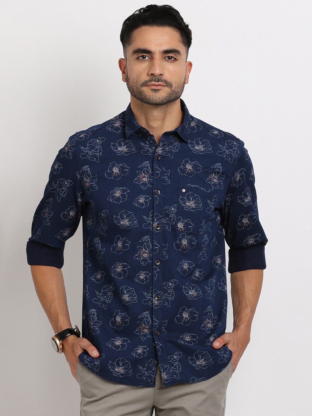 

Turtle Relaxed Slim Fit Floral Printed Cotton Casual Shirt, Navy blue