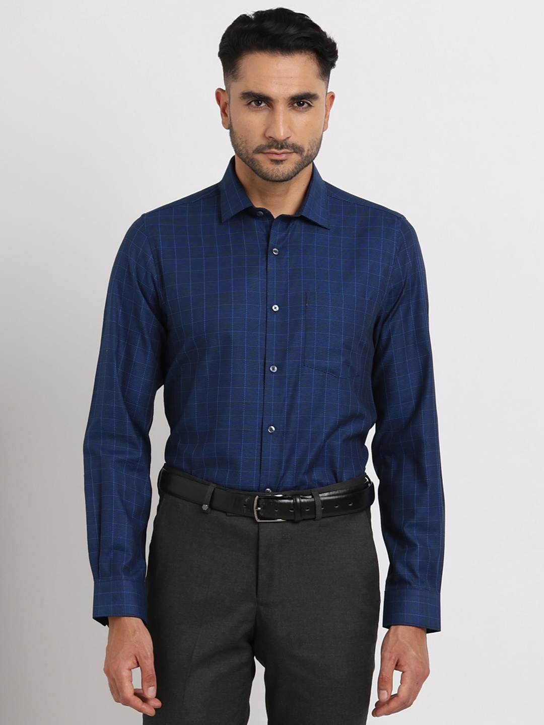 

Turtle Classic Slim Fit Grid Tattersall Checks Cotton Formal Shirt, Navy blue