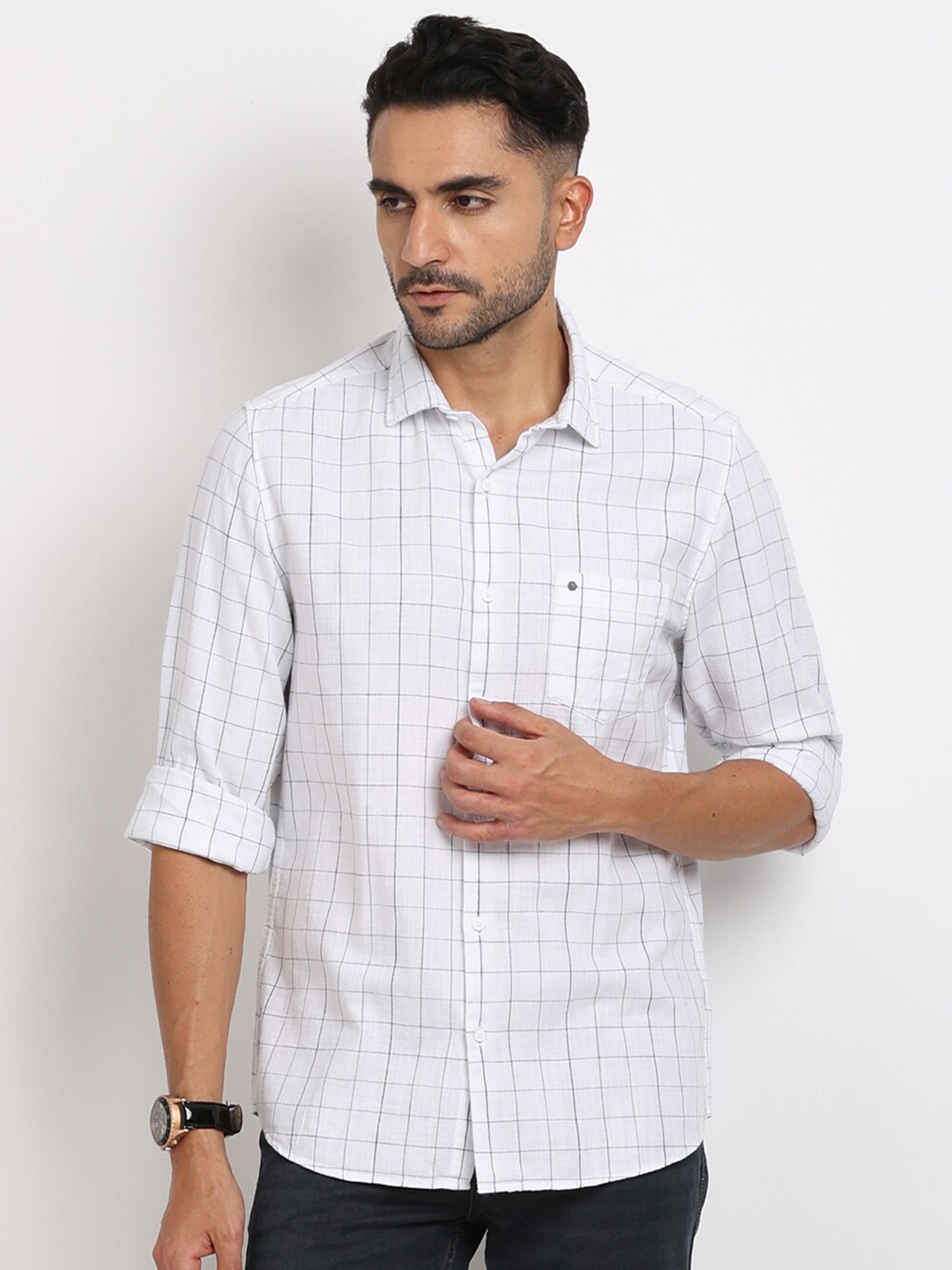 

Turtle Relaxed Slim Fit Micro Checks Cotton Casual Shirt, White