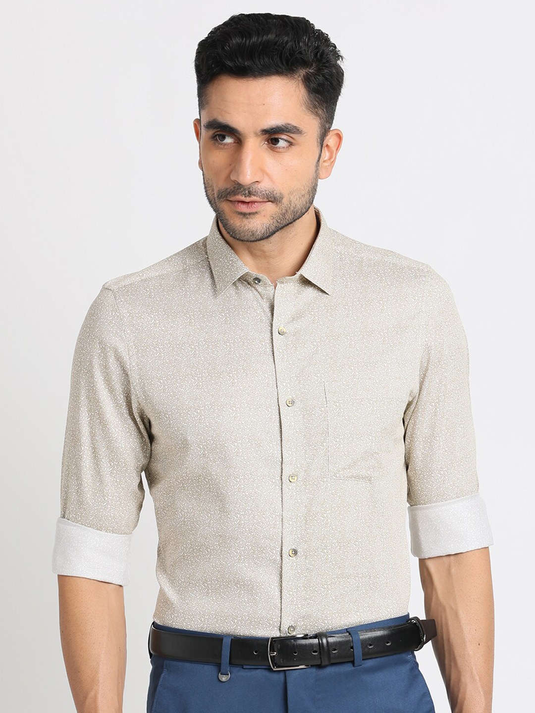 

Turtle Summer Classic Slim Fit Printed Formal Shirt, Beige
