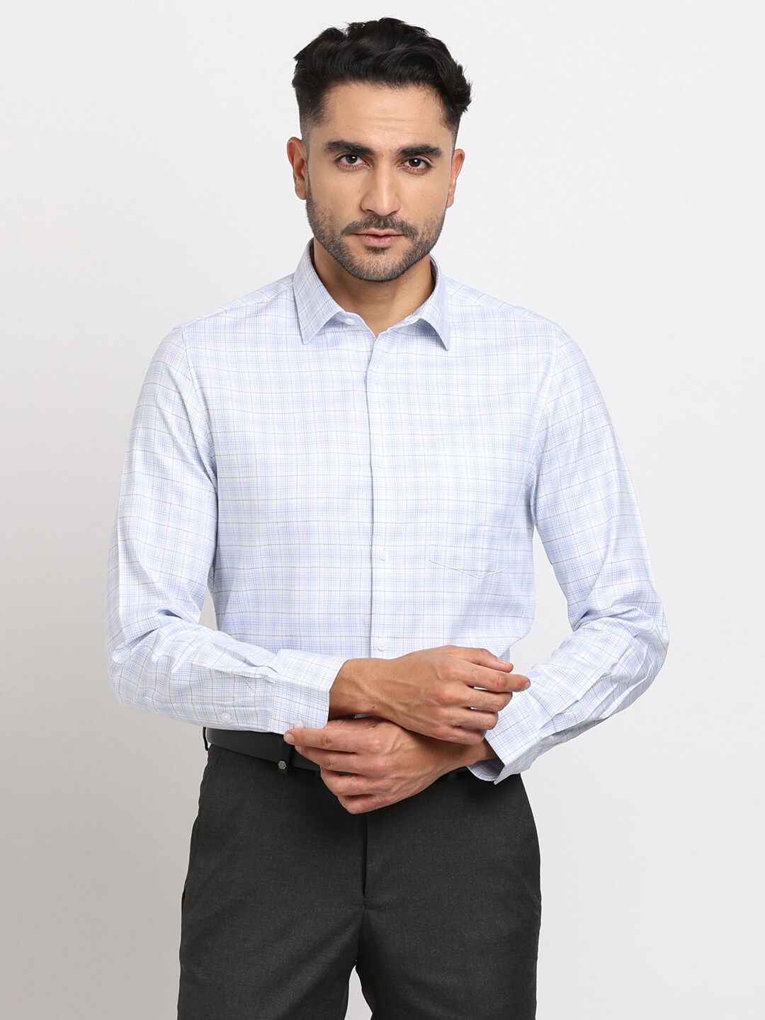 

Turtle Summer Classic Slim Fit Grid Tattersall Checked Formal Shirt, Blue