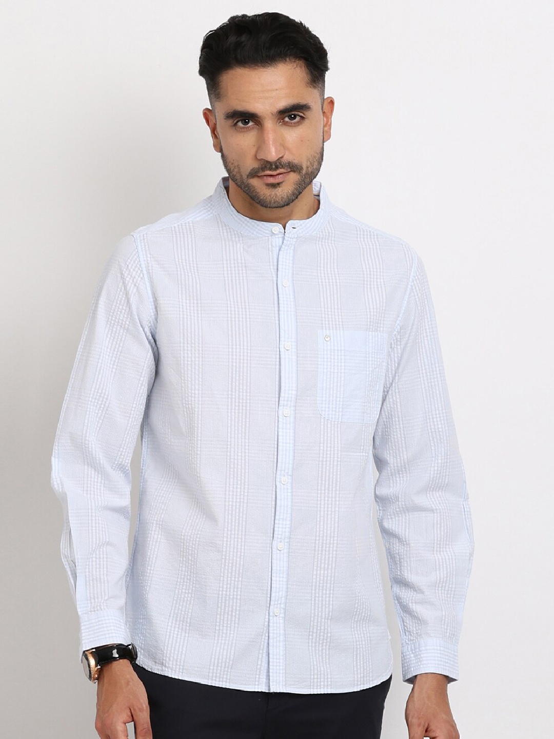 

Turtle Relaxed Slim Fit Checked Pure Cotton Casual Shirt, Blue