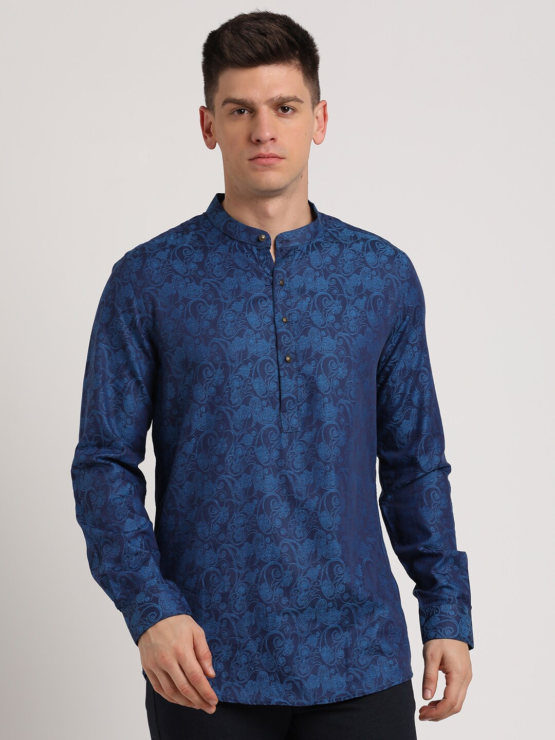 

Turtle Classic Slim Fit Printed Mandarin Collar Long Sleeves Cotton Linen Formal Shirt, Beige