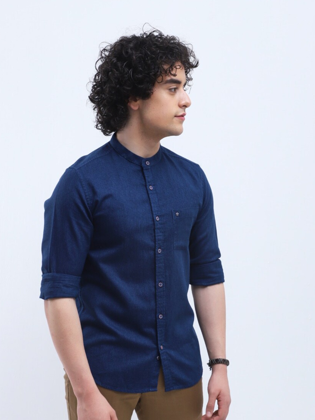 

Turtle Relaxed Slim Fit Mandarin Collar Opaque Cotton Casual Shirt, Navy blue