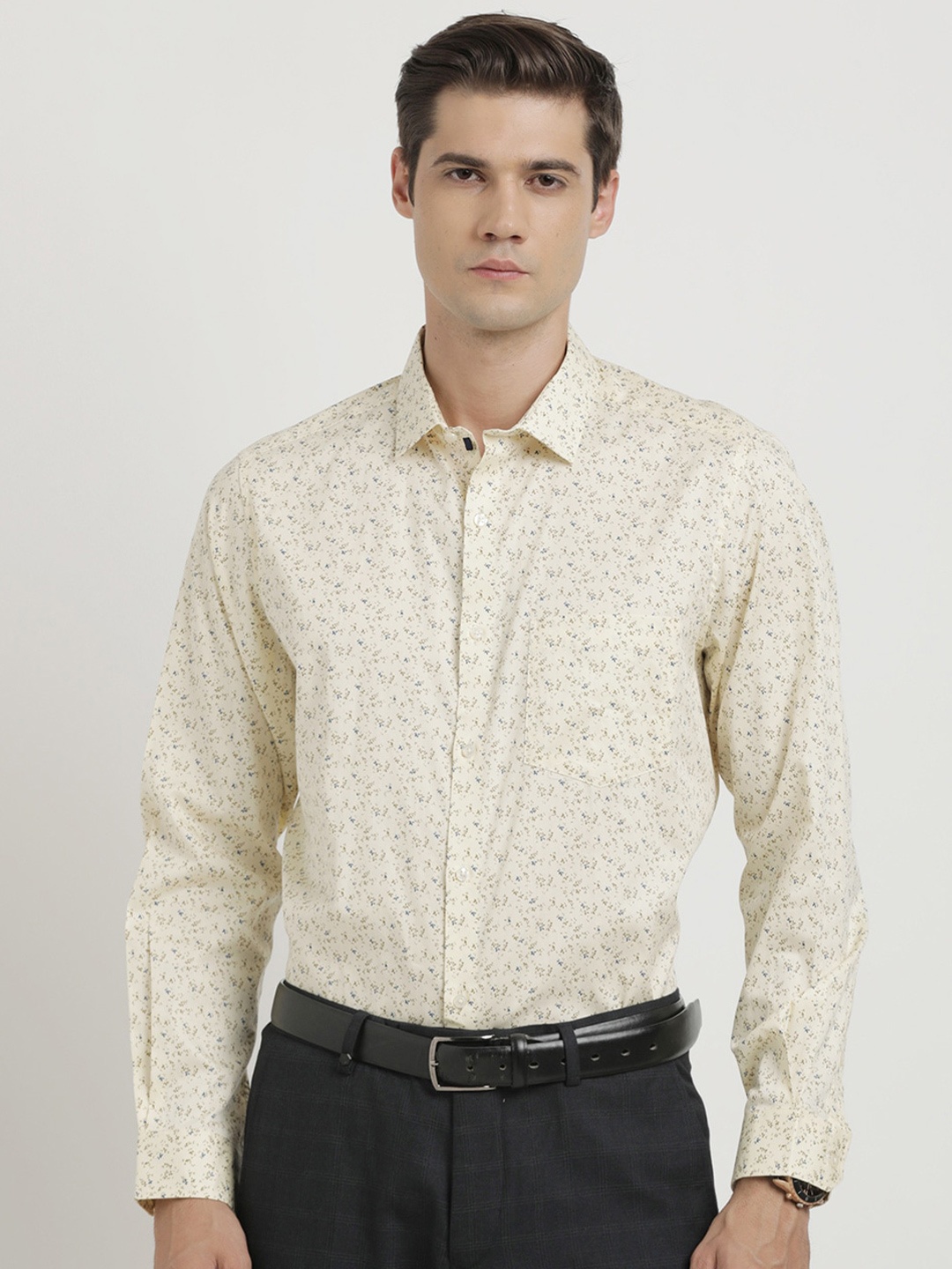 Turtle Summer Classic Floral Printed Spread Collar Formal Shirt, Yellow