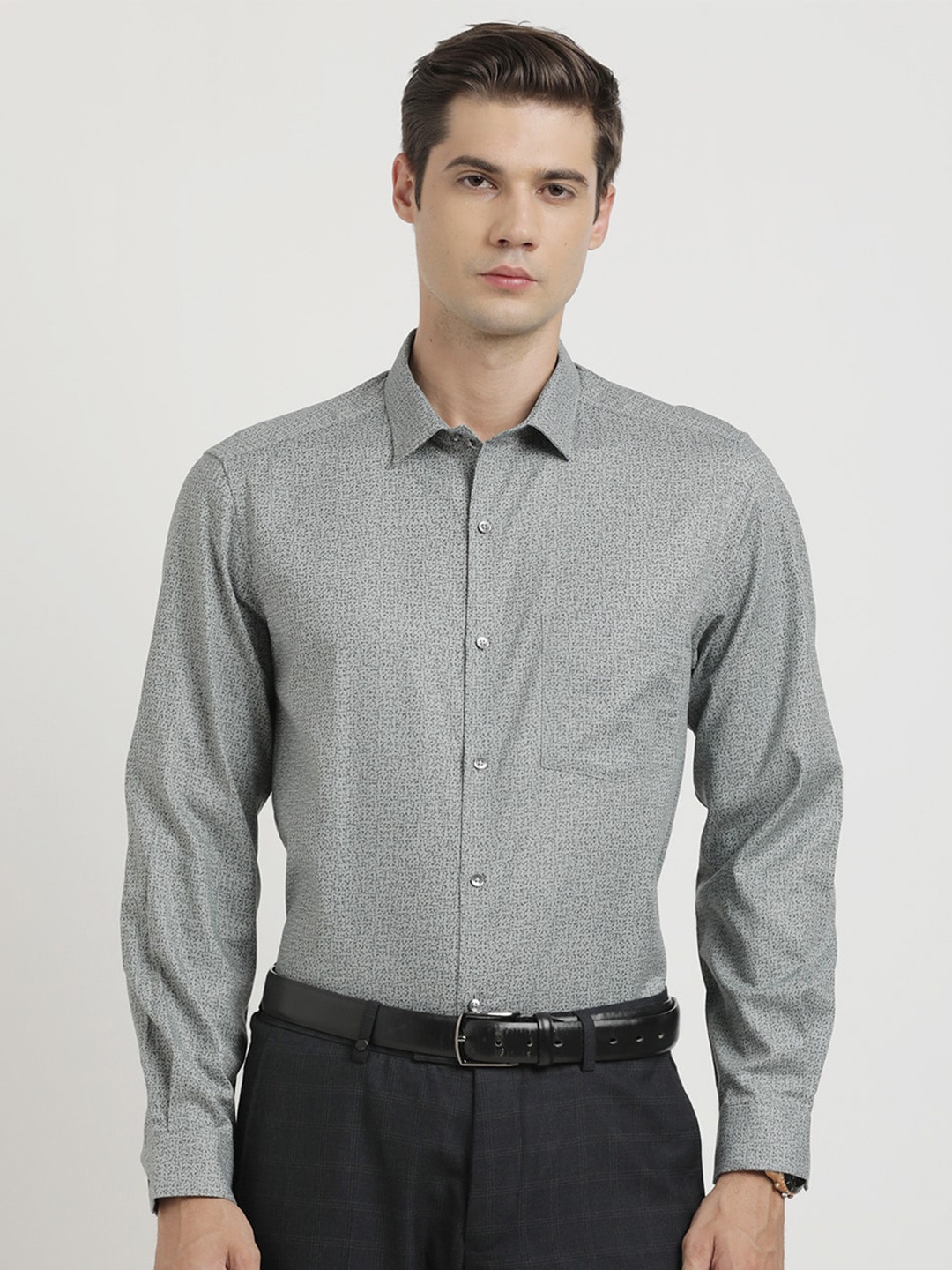 

Turtle Classic Micro Ditsy Printed Spread Collar Cotton Formal Shirt, Grey